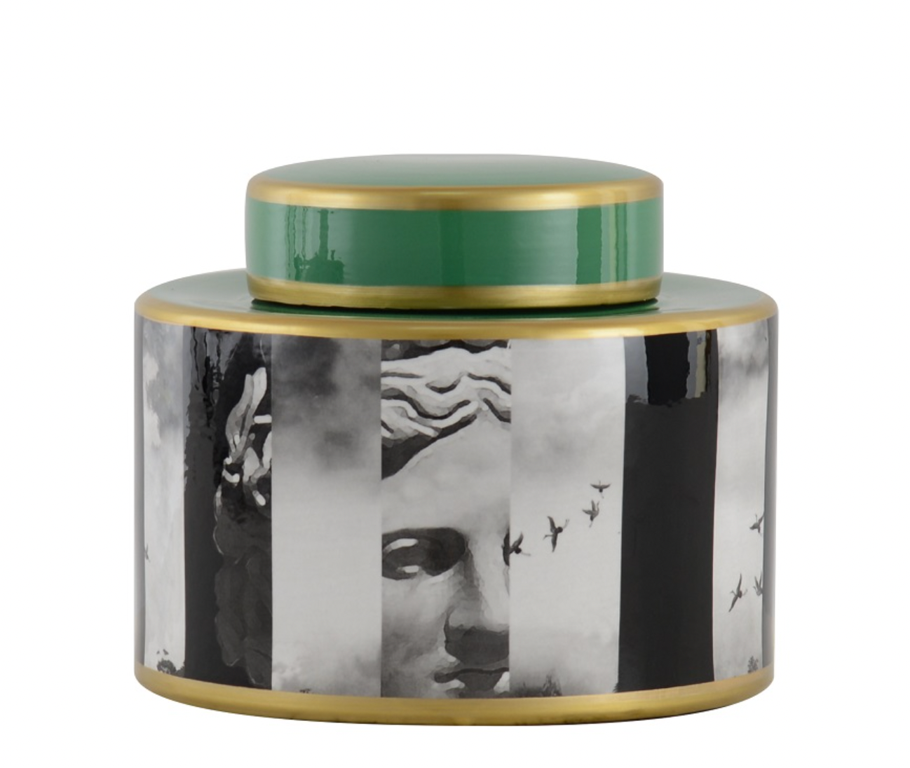 CANNISTER 'DAVID' GREEN/WHITE/BLACK PORCELAIN